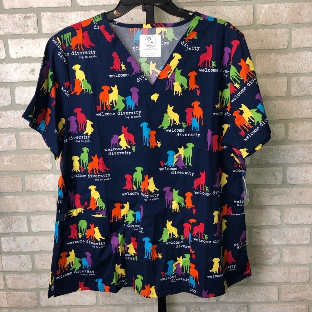 Cherokee Diversity Rainbow Dog Print Scrub Top XL - Picture 3 of 9